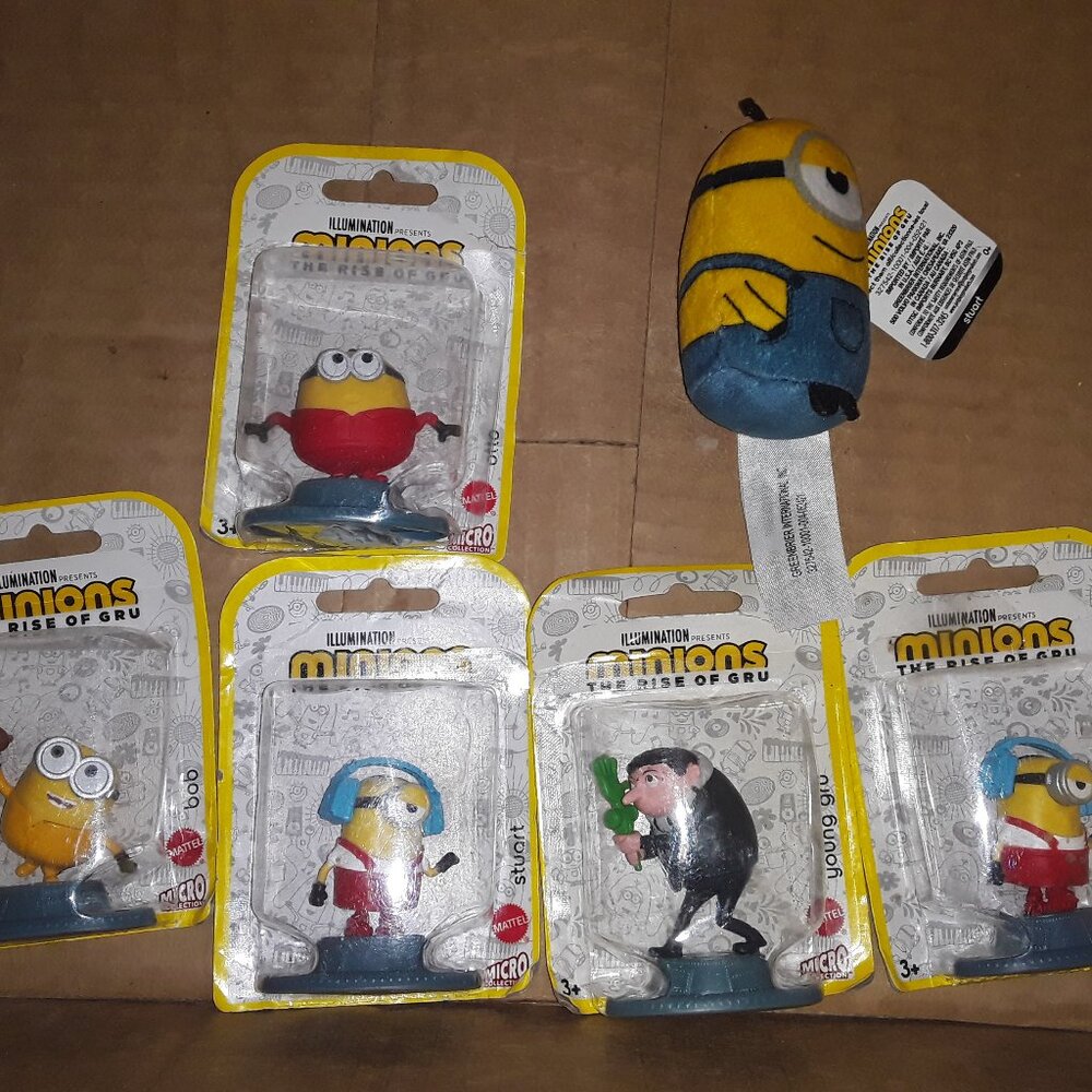 6 Pc Minions Movie Toys Otto, Stuart Mini Plush, Bob, Kevin, Young Gru, n Kevin
